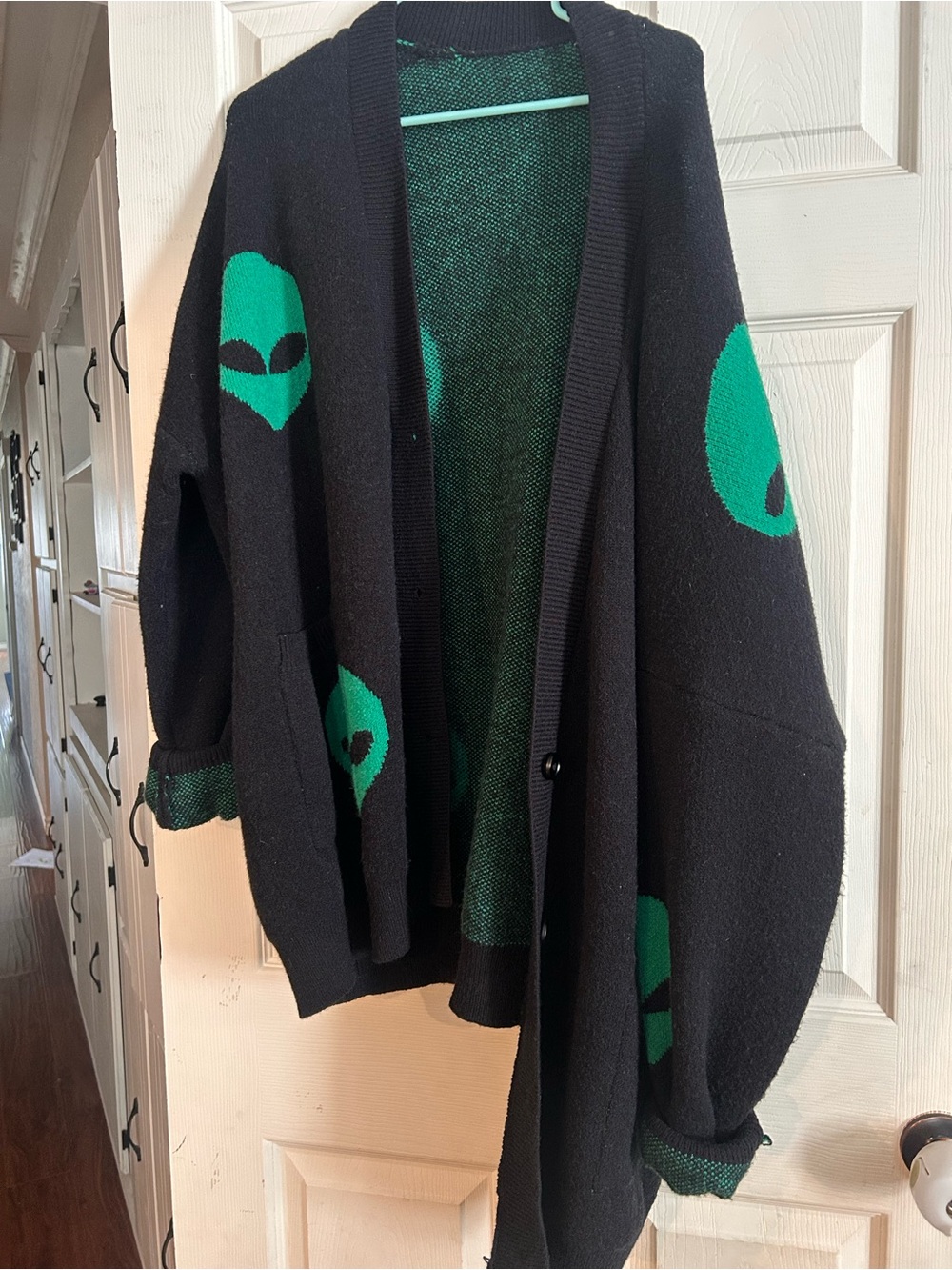 Jade by Jane Oversized Black & Green Alien Cardigan Sweater
